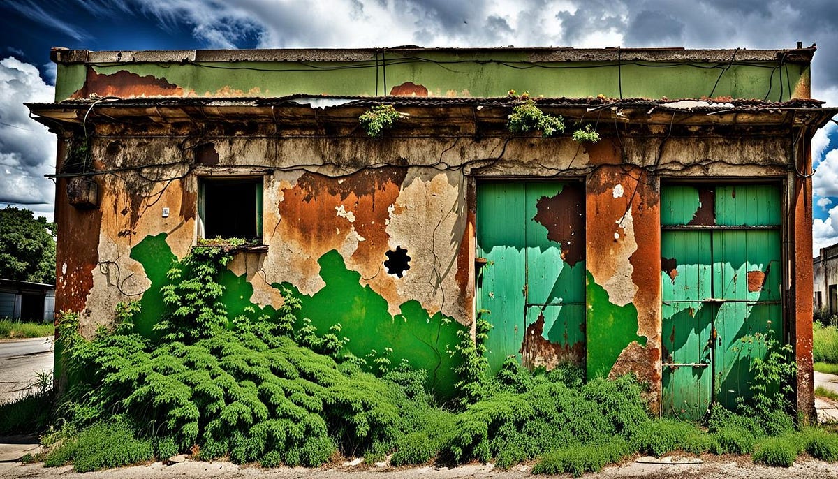 Decaying building with greenery regrowing Decaying building with greenery regrowing