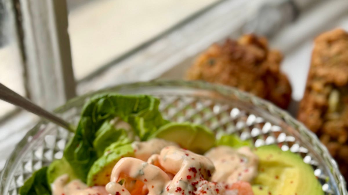 sachin and babi light blue dress Chipotle Prawn Cocktail & Avocado Salad with Crunchy Baby Gem Lettuce