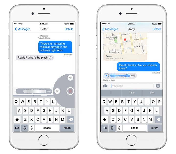 Marketing materials for iOS 8 featuring fake text messages