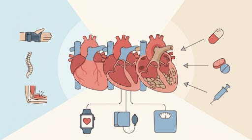 Heart muscle with lots of health icons pointing to it. Heart muscle with lots of health icons pointing to it.