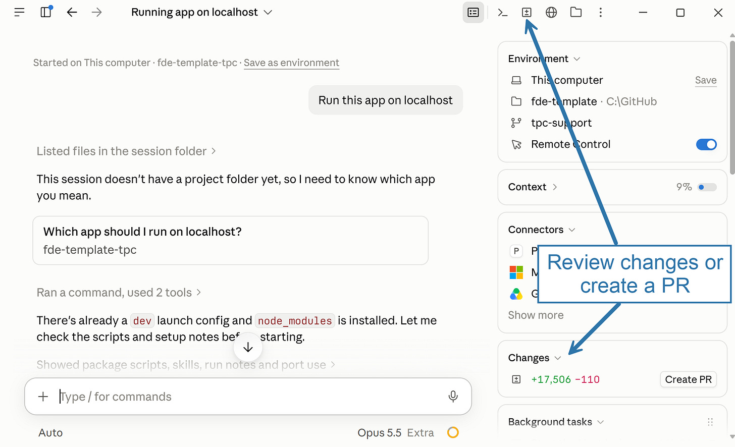 Claude Code Changes card in Claude Desktop: review changes and create a pull request Claude Code Changes card in Claude Desktop: review changes and create a pull request