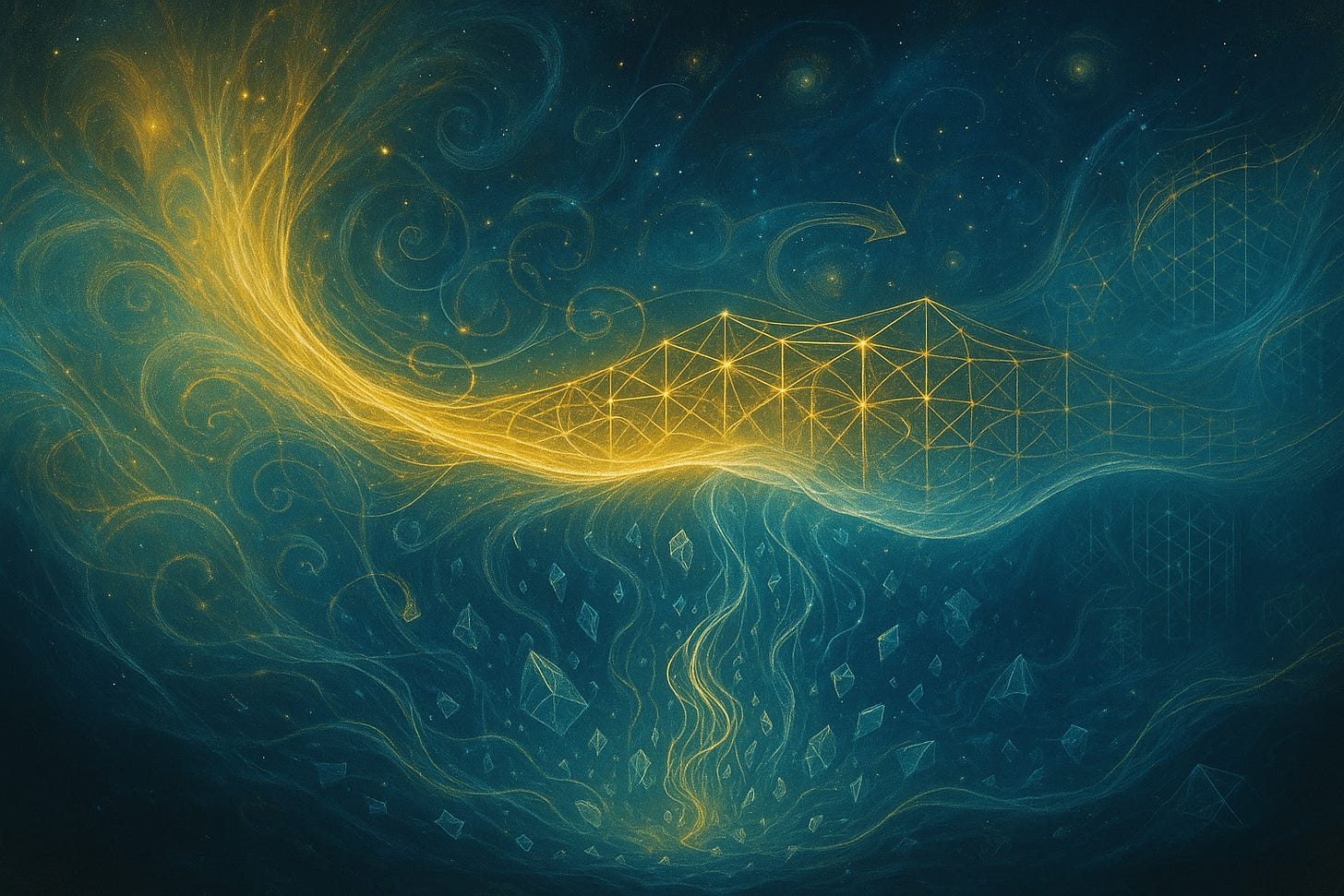 A teal-blue cosmic scene shows a luminous golden wave unfolding into a geometric lattice that spans the image like a bridge. Beneath it, glowing fragments and polyhedral shards sink into dark swirling currents while fine golden tendrils rise back up, suggesting patterns dropping below threshold and being re-stitched. Subtle spirals and an arrow hint at cyclical flow; the palette glows with deep blues, teals, and radiant gold.