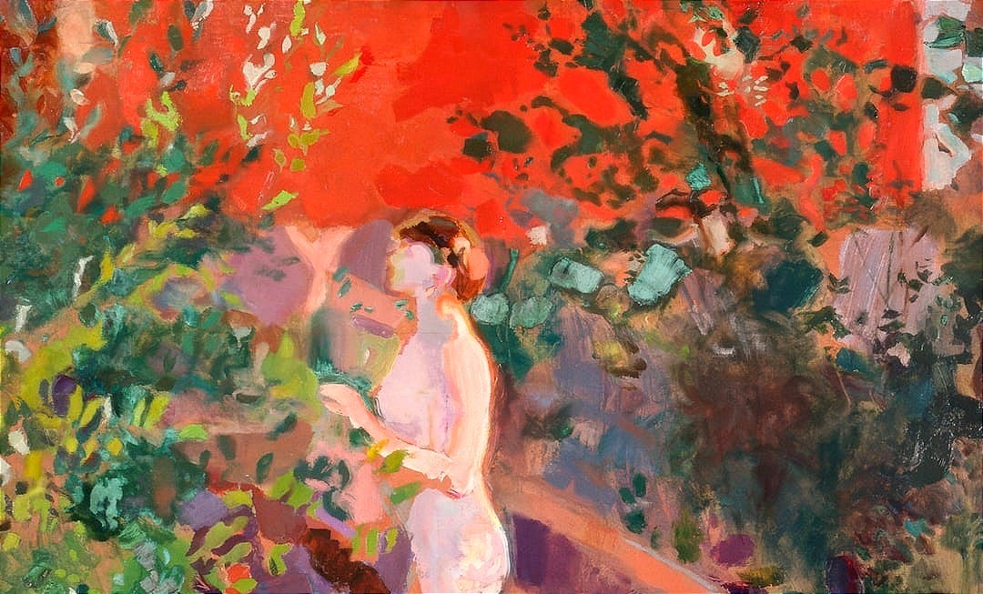 A painting of a nude figure in a wild garden, with trees and a red sky.