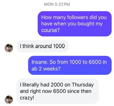 Instagram Edge student screenshot showing growth from around 1,000 followers to 6,500 in about two weeks Instagram Edge student screenshot showing growth from around 1,000 followers to 6,500 in about two weeks