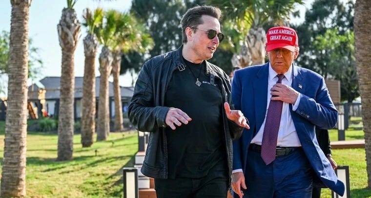 Elon Musk and Donald Trump watching and talking together in Florida.