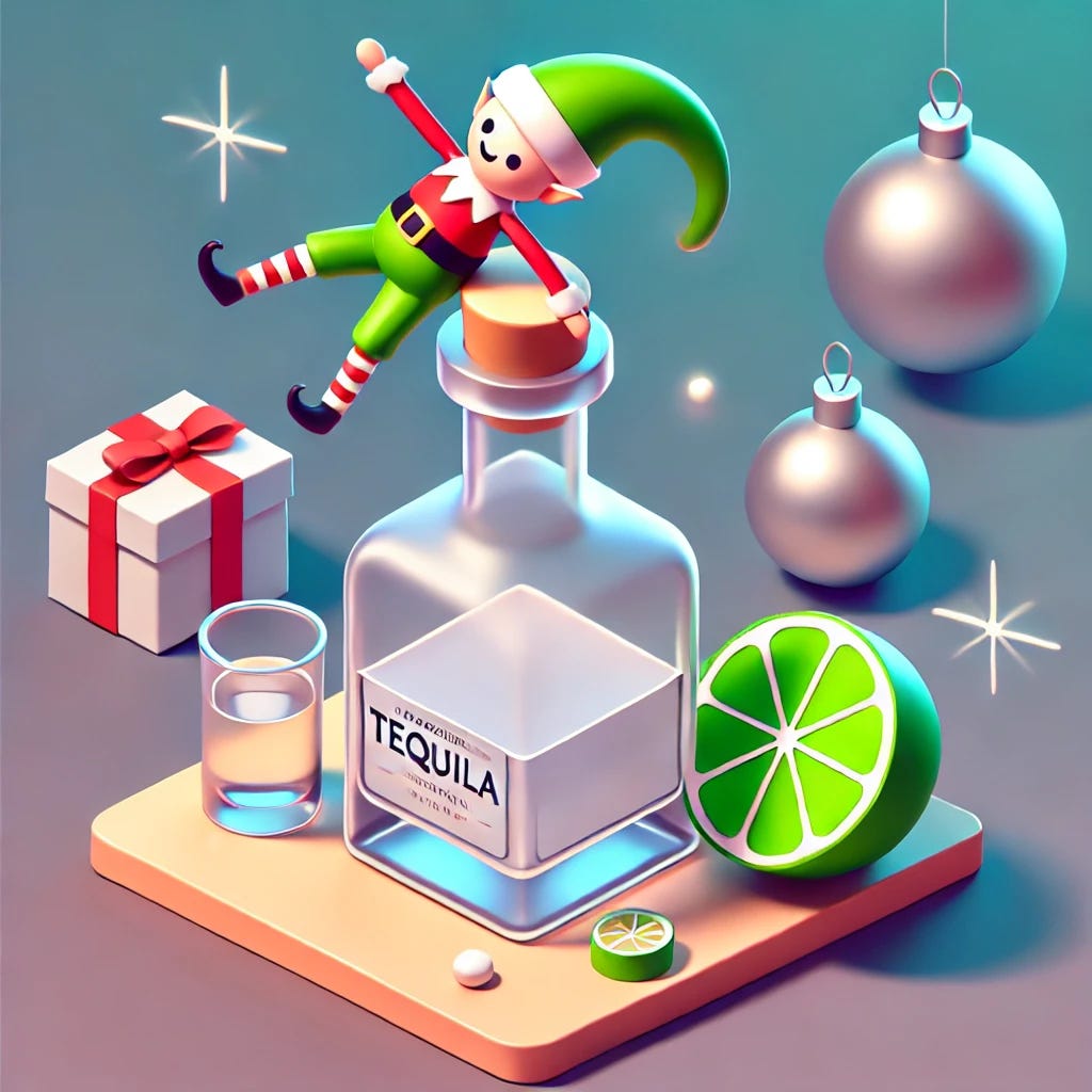 A 3D isometric minimalist illustration of a festive Christmas Eve scene featuring an upside-down tequila bottle with a lime slice next to it. A playful elf is dancing on the inverted bottle, balancing cheerfully, adding a whimsical touch. The setting includes subtle Christmas elements such as soft holiday lights or a hint of a festive background, but the focus remains on the bottle, lime, and the dancing elf. The style is modern, cartoonish, and minimalist with clean lines and vibrant colors.