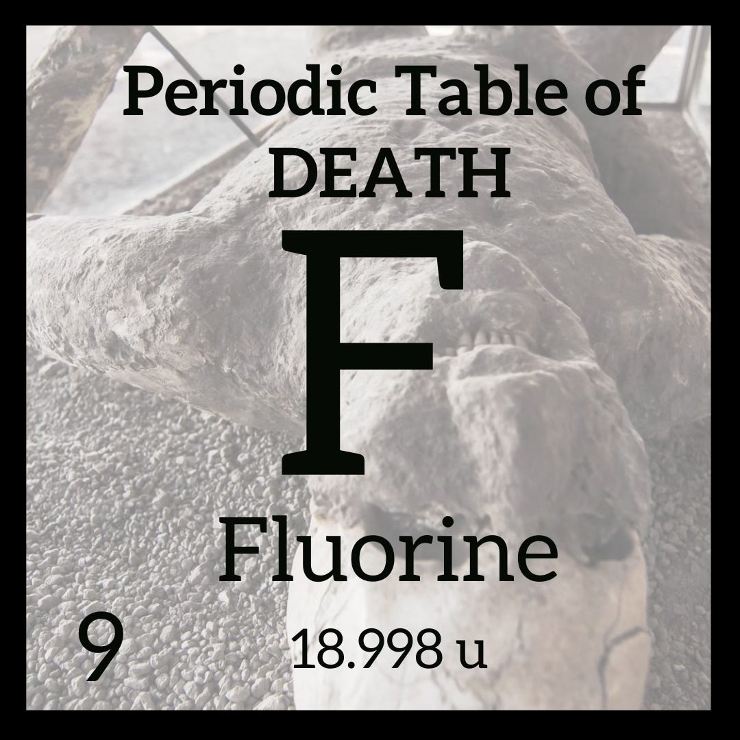 Period Table Square for Flourine with a plaster injected human body shape with skull and perfect teeth Period Table Square for Flourine with a plaster injected human body shape with skull and perfect teeth