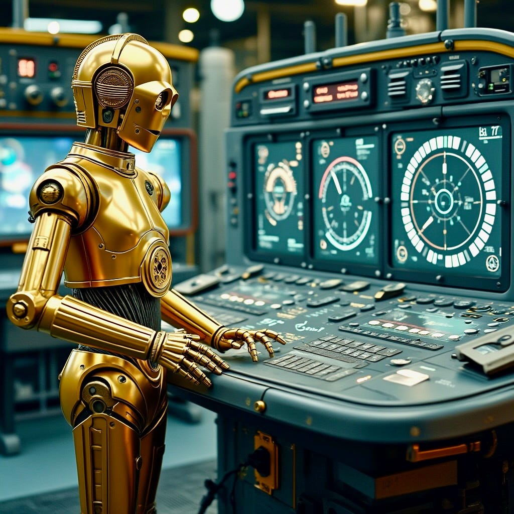 A robot standing in front of a control panel

Description automatically generated