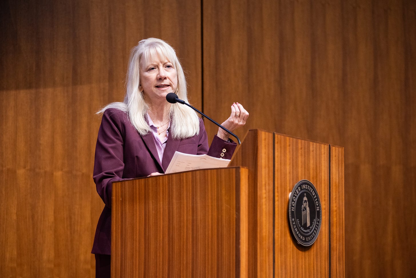 Senior Fellow Valerie Ramey speaks in Hoover’s Hauck Auditorium on May 8, 2026. (Patrick Beaudouin)