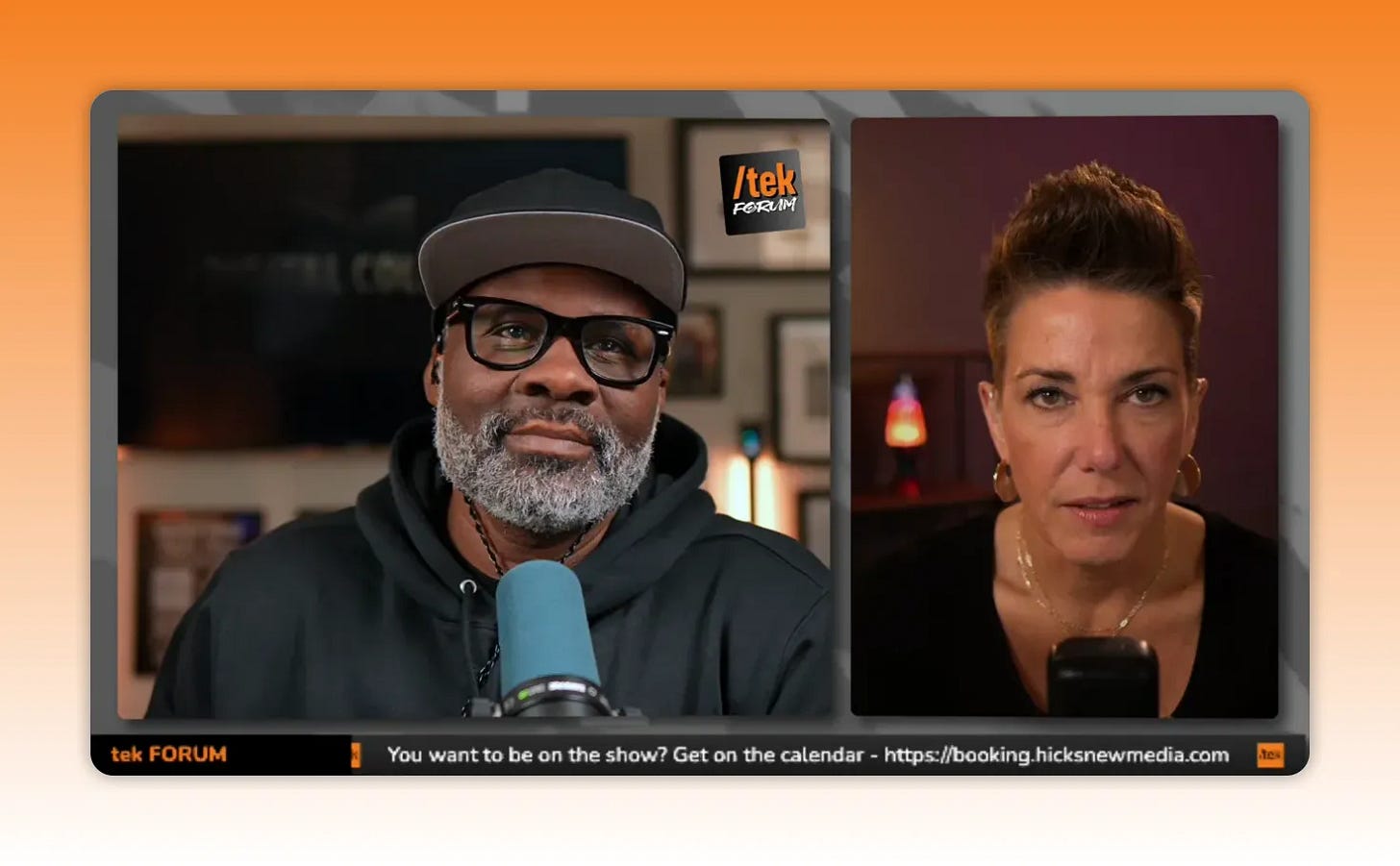 High-quality split-screen livestream showing two hosts facing camera with studio lights