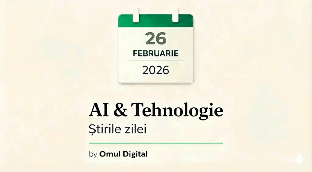 Vizual editorial pentru știri zilnice despre AI și tehnologie, cu un calendar minimalist care afișează data curentă, titlul «AI & Tehnologie – Știrile zilei» și branding discret Omul Digital, pe fundal deschis și curat.