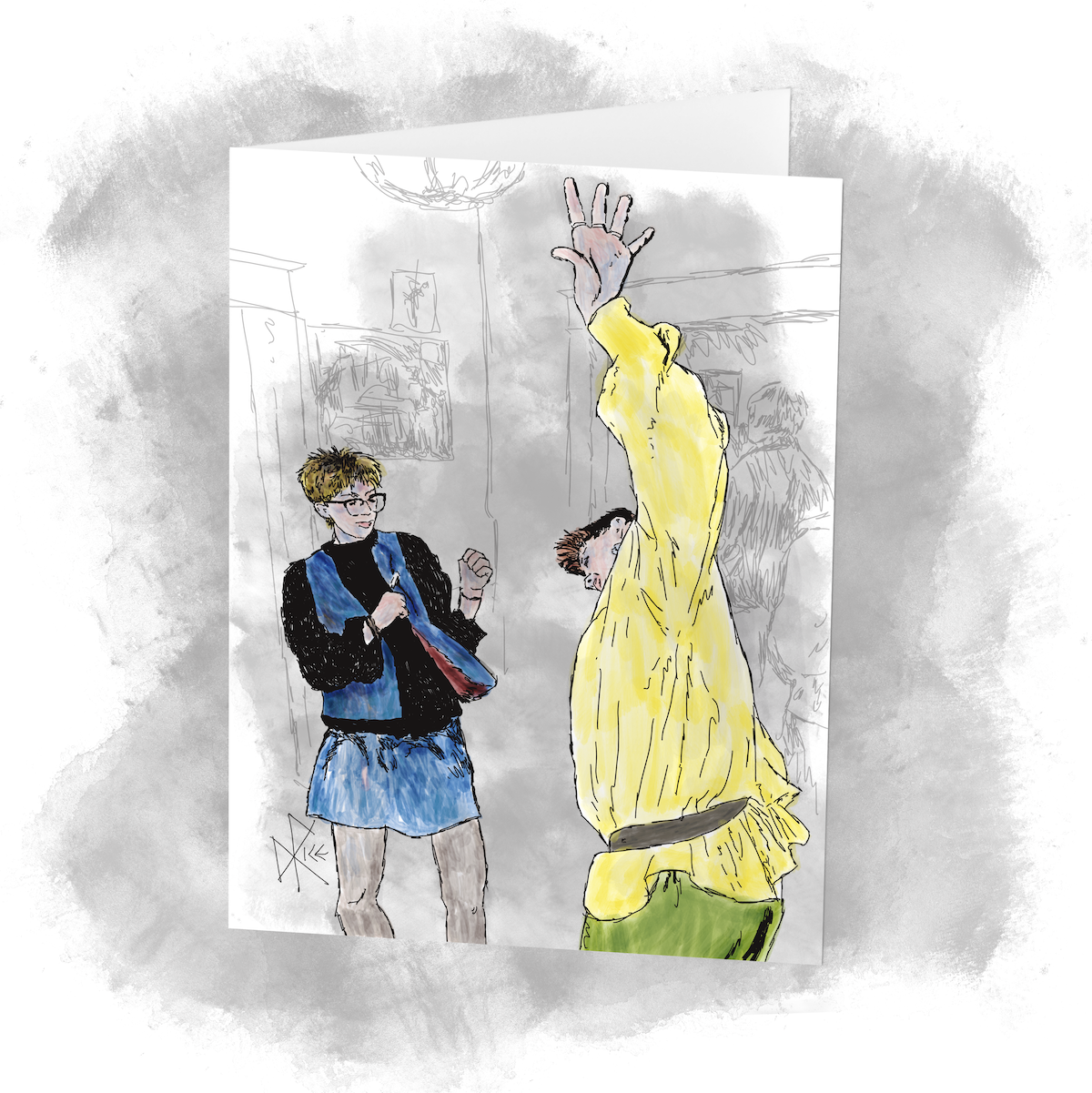 Women dancing at a house party. Sketch art by Don Rice. Women dancing at a house party. Sketch art by Don Rice.