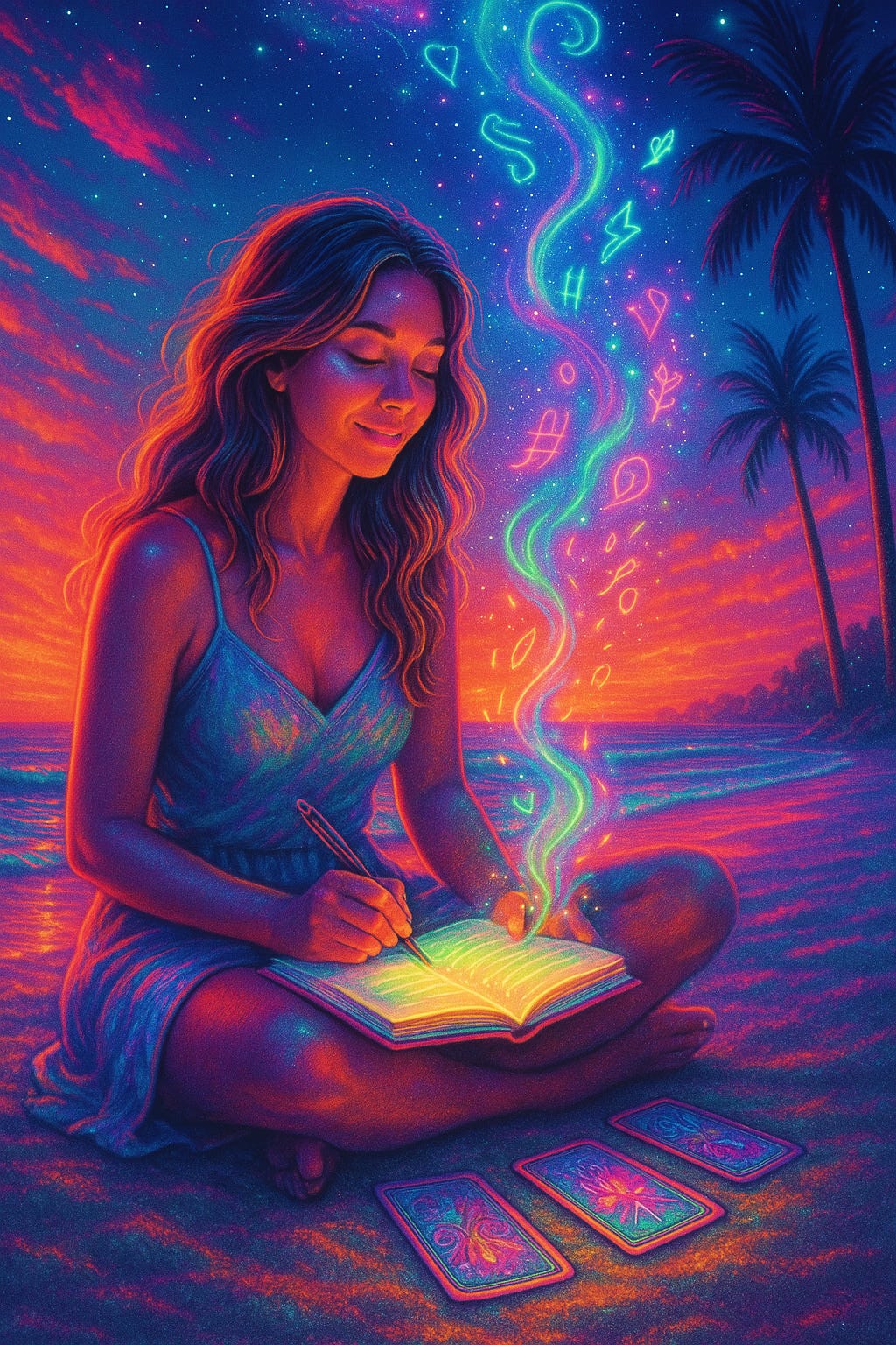 Illustration of a woman journaling on the beach at sunset with oracle cards beside her, as glowing rainbow energy and symbols rise from her notebook into a star-filled sky with palm trees.