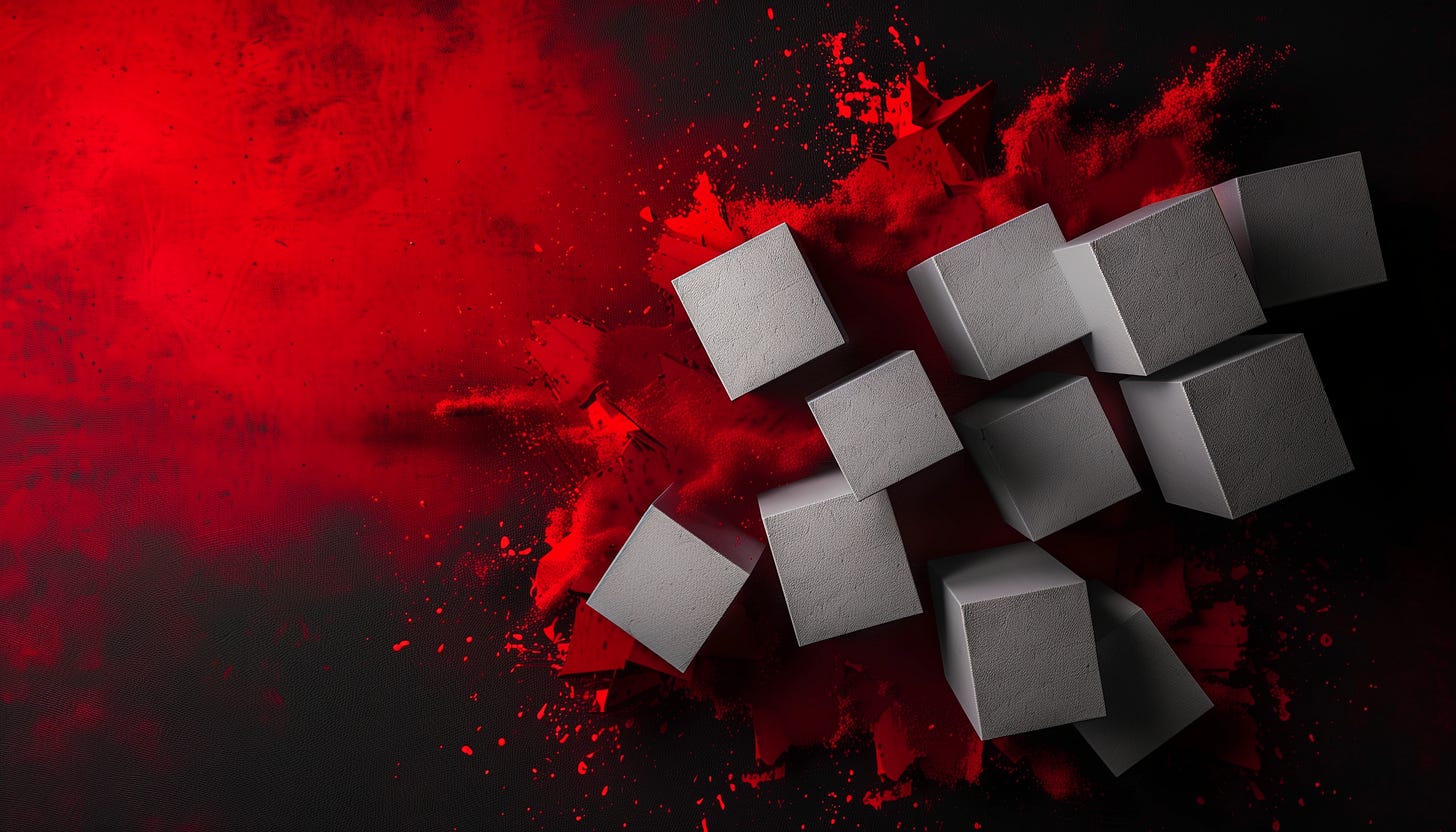 An image of gray cubes scattered on a red and black background, representing the foundational building blocks necessary for constructing AI Red Teams.