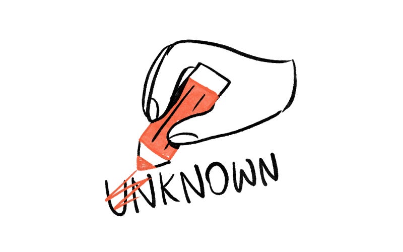 A hand holds a red pencil and crosses out the “un” from the word “unknown” on a plain white background.