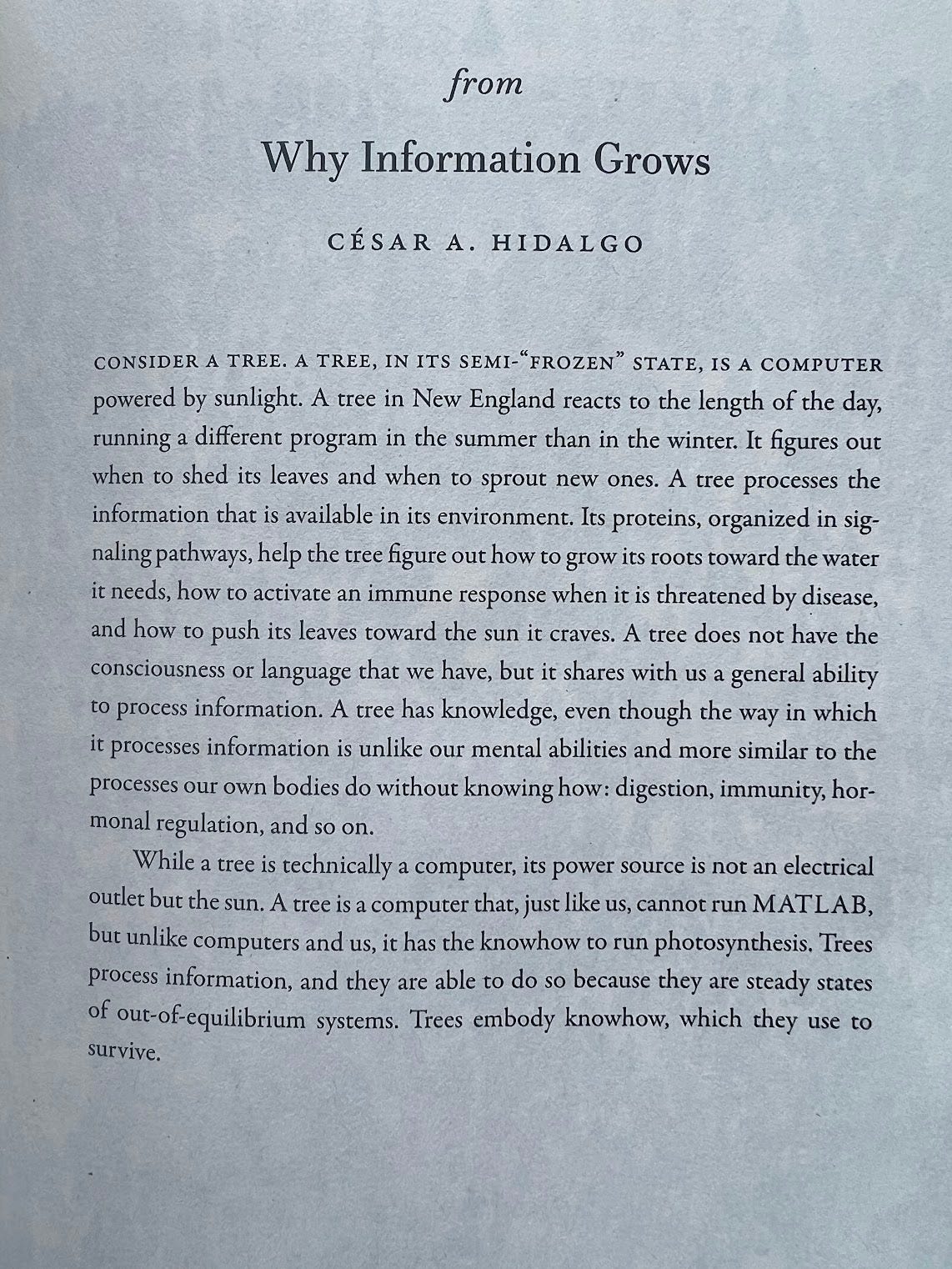 CONSIDER A TREE. A TREE, IN ITS SEMI-"FROZEN» STATE, IS A COMPUTER powered by sunlight. A tree in New England reacts to the length of the day, running a different program in the summer than in the winter. It figures out when to shed its leaves and when to sprout new ones. A tree processes the information that is available in its environment. Its proteins, organized in signaling pathways, help the tree figure out how to grow its roots toward the water it needs, how to activate an immune response when it is threatened by disease, and how to push its leaves toward the sun it craves. A tree does not have the consciousness or language that we have, but it shares with us a general ability to process information. A tree has knowledge, even though the way in which it processes information is unlike our mental abilities and more similar to the processes our own bodies do without knowing how: digestion, immunity, hormonal regulation, and so on. While a tree is technically a computer, its power source is not an electrical outlet but the sun. A tree is a computer that, just like us, cannot run MATLAB, but unlike computers and us, it has the knowhow to run photosynthesis. Trees process information, and they are able to do so because they are steady states of out-of-equilibrium systems. Trees embody knowhow, which they use to survive.