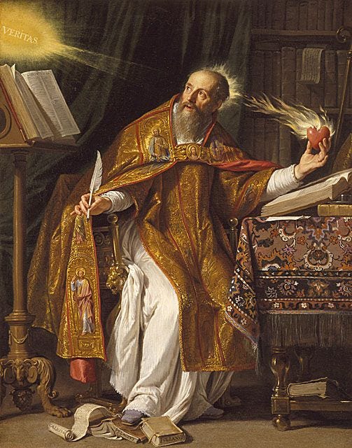 Saint Augustine depicted in a 17th-century painting with a flaming ...