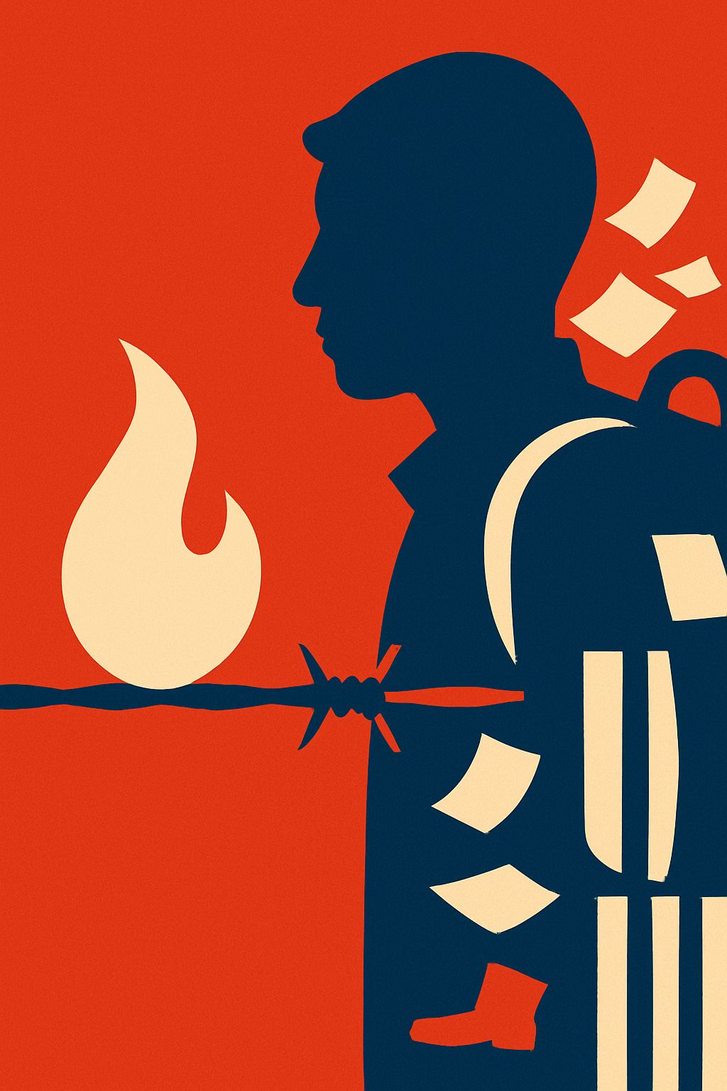 Abstract poster-style art of a silhouetted figure with barbed wire across the heart, facing a flame.