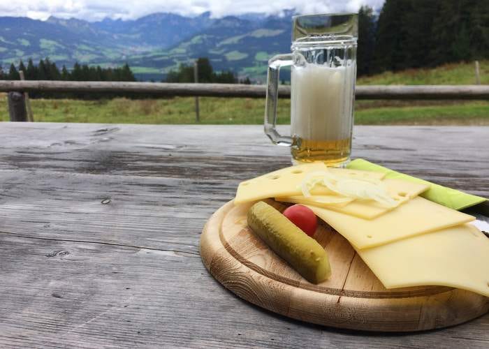 Brotzeit and beer at an Alpe. Brotzeit and beer at an Alpe.