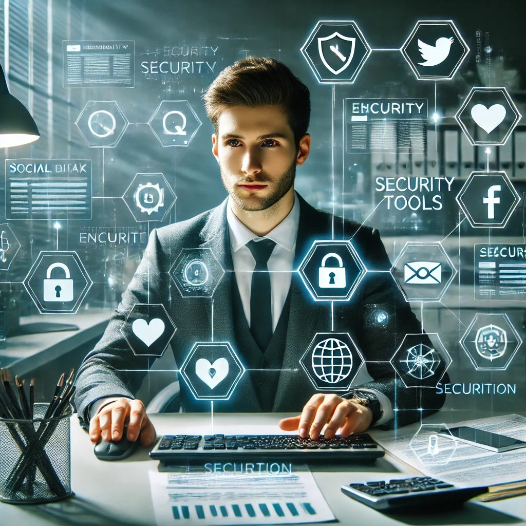 A tax professional sitting at their office desk, focused and alert, using a computer with multiple security tools visible on the screen. Social media platforms like Facebook, Twitter, and Instagram are present in the background, but the professional is actively protecting client data by using encryption and secure tools. The professional has a confident expression, blocking potential threats from hackers and identity thieves. Icons of locks, shields, and security protocols float around the screen, emphasizing the protection of sensitive information on social media. The scene has a modern, secure atmosphere.