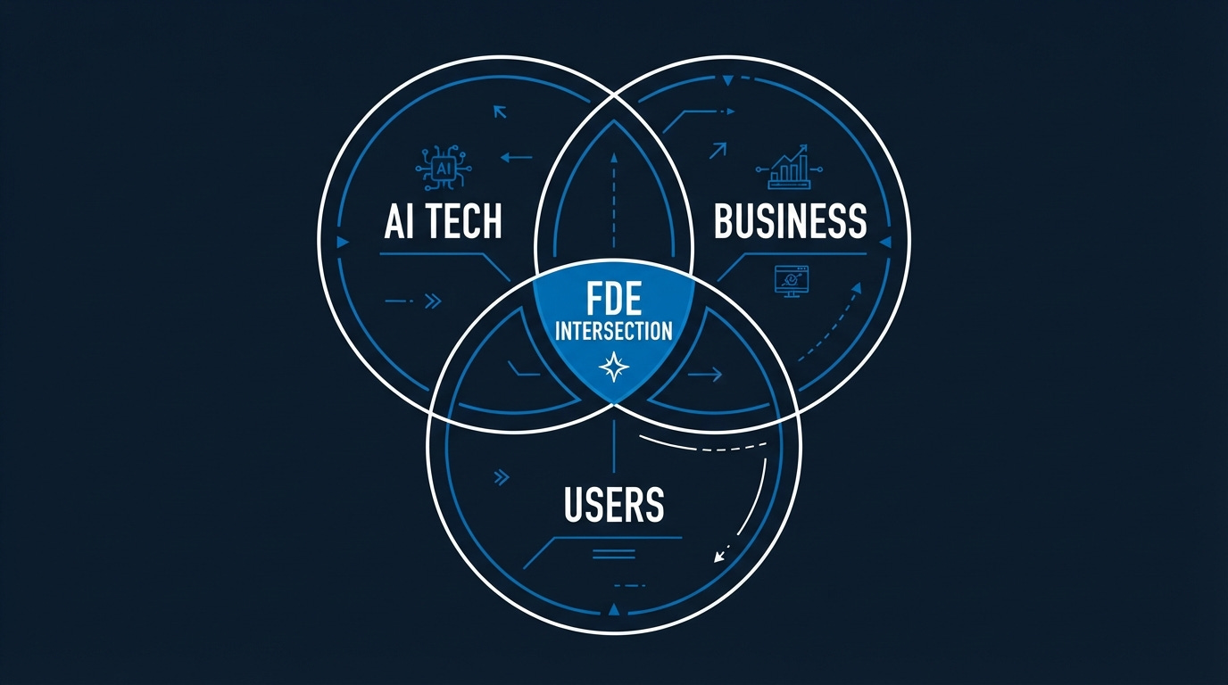 Biểu đồ Venn ba vòng tròn giao nhau gồm AI Tech, Business Operations, và End Users, với trung tâm giao thoa đại diện cho vai trò Forward Deployed Engineer. Biểu đồ Venn ba vòng tròn giao nhau gồm AI Tech, Business Operations, và End Users, với trung tâm giao thoa đại diện cho vai trò Forward Deployed Engineer.