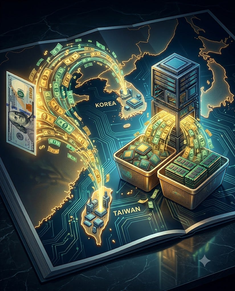 The hyperscaler dollar flowing across a circuit-board map into Korea and Taiwan, filling baskets of accelerator chips and memory modules. The hyperscaler dollar flowing across a circuit-board map into Korea and Taiwan, filling baskets of accelerator chips and memory modules.
