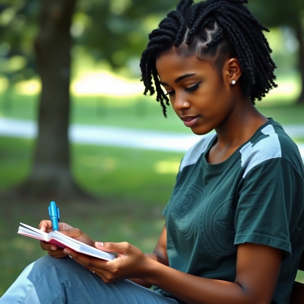 Young, youthful African American Woman wearing a dark green and white tshirt with all black hair writing a letter in the summertime in the park writing a letter Young, youthful African American Woman wearing a dark green and white tshirt with all black hair writing a letter in the summertime in the park writing a letter