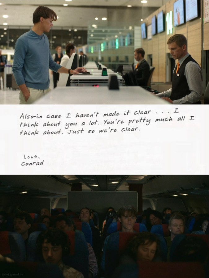 Conrad Fisher standing at a counter in an airport, wearing a light blue sweater. Another man in a vest sits at the counter, working on a computer. Handwritten text on a white background below reads, "Alson in case I haven\'t made it clear . . . I think about you a lot. You\'re pretty much all I think about. Just so we\'re clear. Love, Conrad." A third image shows Conrad Fisher in an audience, seated among other people in a dimly lit room.