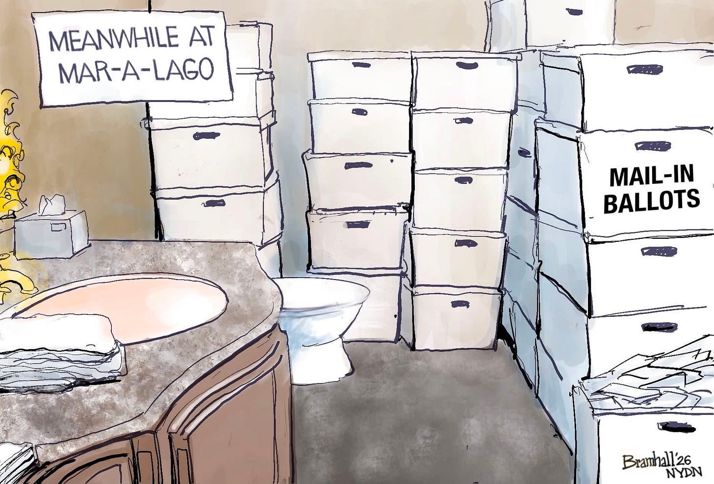 May be an image of text that says 'MEANWHILE AT MAR-A-LAGO MAR LAGO MAIL-IN -IN BALLOTS Bramhall'26 NYDN'