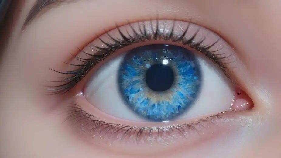 A highly detailed AI close‑up of a woman’s eye with a vivid blue iris, paired with the look of lab‑grown retinal tissue. Sharp textures, reflective highlights, and a clean biomedical aesthetic