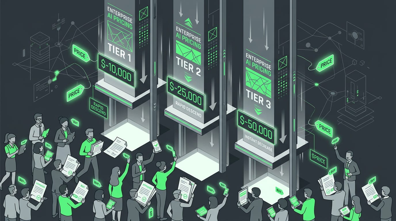 Flat isometric illustration of towering AI pricing pillars rapidly descending like elevator platforms while crowds of enterprise buyers gather below holding purchase documents, glowing digital price tags illuminating the scene, bright green and graphite gray color palette, clean vector art style, dark background, modern tech editorial aesthetic.