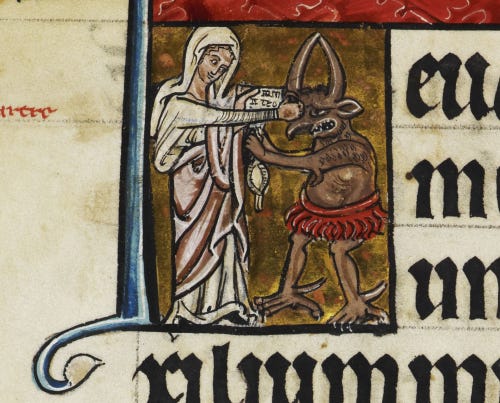 A detail from the De Brailes Hours, showing an illustration of the Virgin Mary punching a demon.