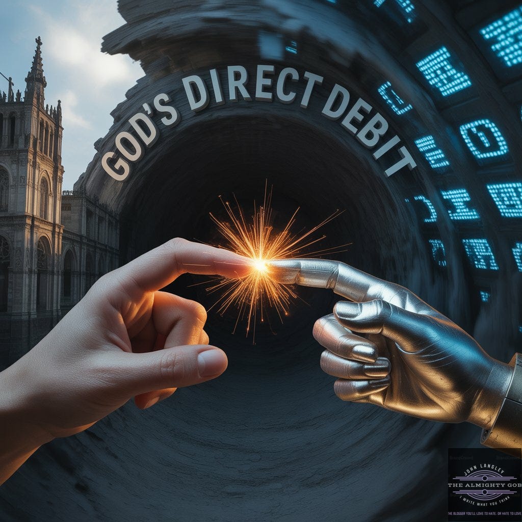 A hyper-realistic image titled 'God's Direct Debit' showing a human hand and a robotic hand touching fingertips. A brilliant spark of light and energy ignites between them. In the background, a dark vortex is flanked by a traditional stone cathedral on the left and glowing blue digital screens on the right-www.thealmightygob.com