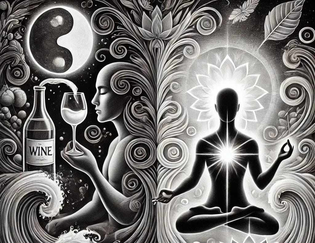 A black and white surreal illustration symbolizing the balance between alcohol and spirituality. On the left, a figure holds a glass of wine with a contemplative expression, surrounded by soft swirling patterns that suggest relaxation and social connection. On the right, a serene figure sits in meditation, radiating light and surrounded by symbols of peace and enlightenment, like a glowing lotus and an open book. Between them, a flowing mist seamlessly blends the two worlds, symbolizing harmony rather than conflict. The artwork is rich in symbolism, featuring elements of swirling vines, gentle waves, and ethereal light.