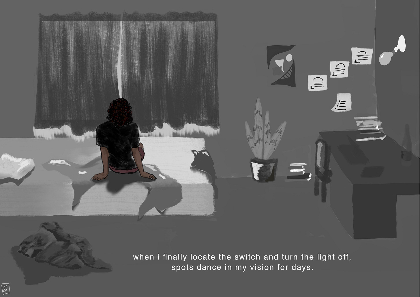 The room turns grey. The protagonist sits on the bed in the same room, looking away. The text reads, “when I finally locate the switch and turn the light off, spots dance in my vision for days.”