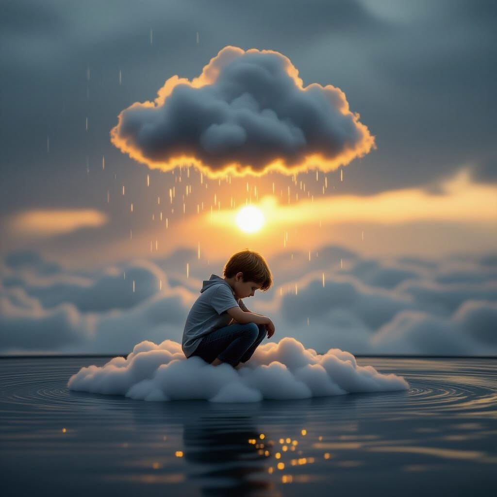 Sad Boy on Cloud Under Soft Rain, Photorealistic - AI Art Sad Boy on Cloud Under Soft Rain, Photorealistic - AI Art