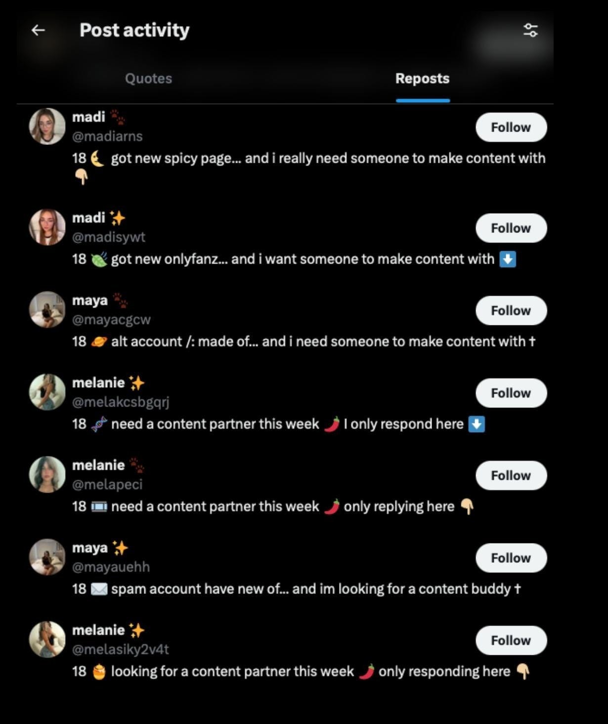 A screenshot of seven reposts on X by nearly identical accounts claiming to be 18 year old women looking for pornographic "content partners".