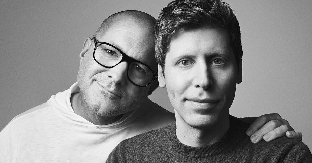 Black and white portrait of Jony Ive and Sam Altman