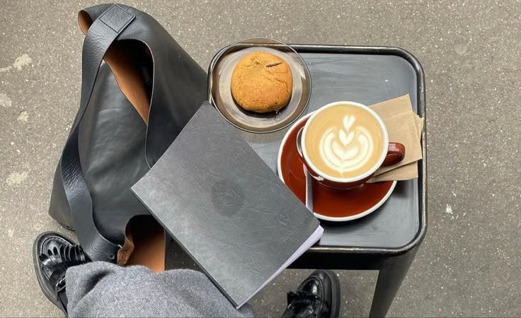 This may contain: a person sitting at a table with a cup of coffee and some food on it This may contain: a person sitting at a table with a cup of coffee and some food on it