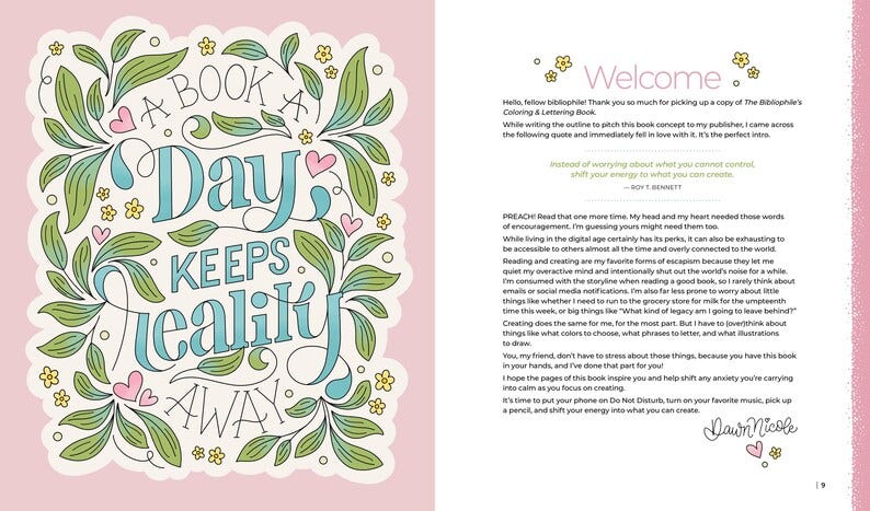May include: A colorful illustration with the text "A Book A Day Keeps Reality Away" in a whimsical font, surrounded by green leaves, flowers, and hearts. The image is on a pink background.