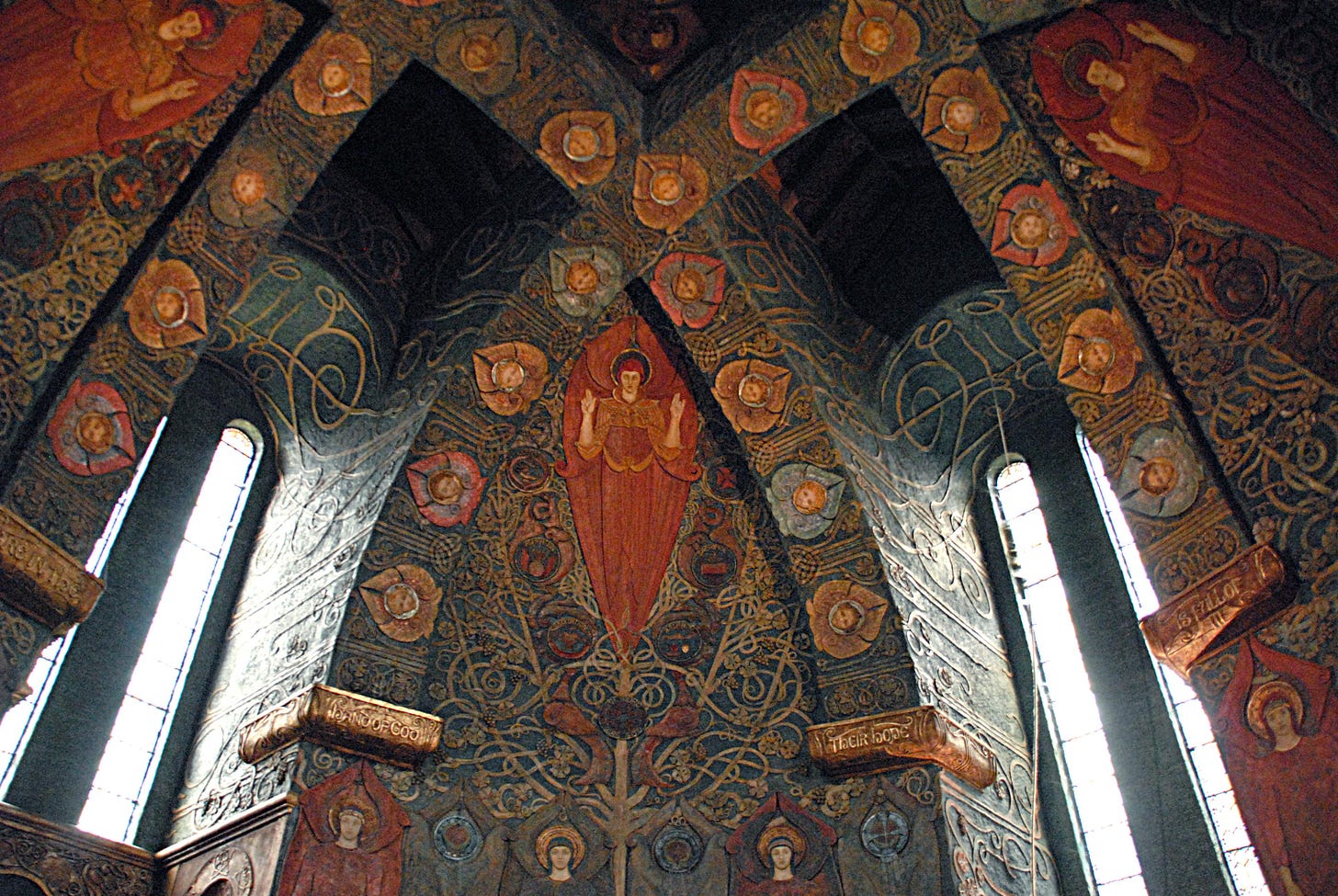 The Arts & Crafts ceiling in Watts Memorial Chapel