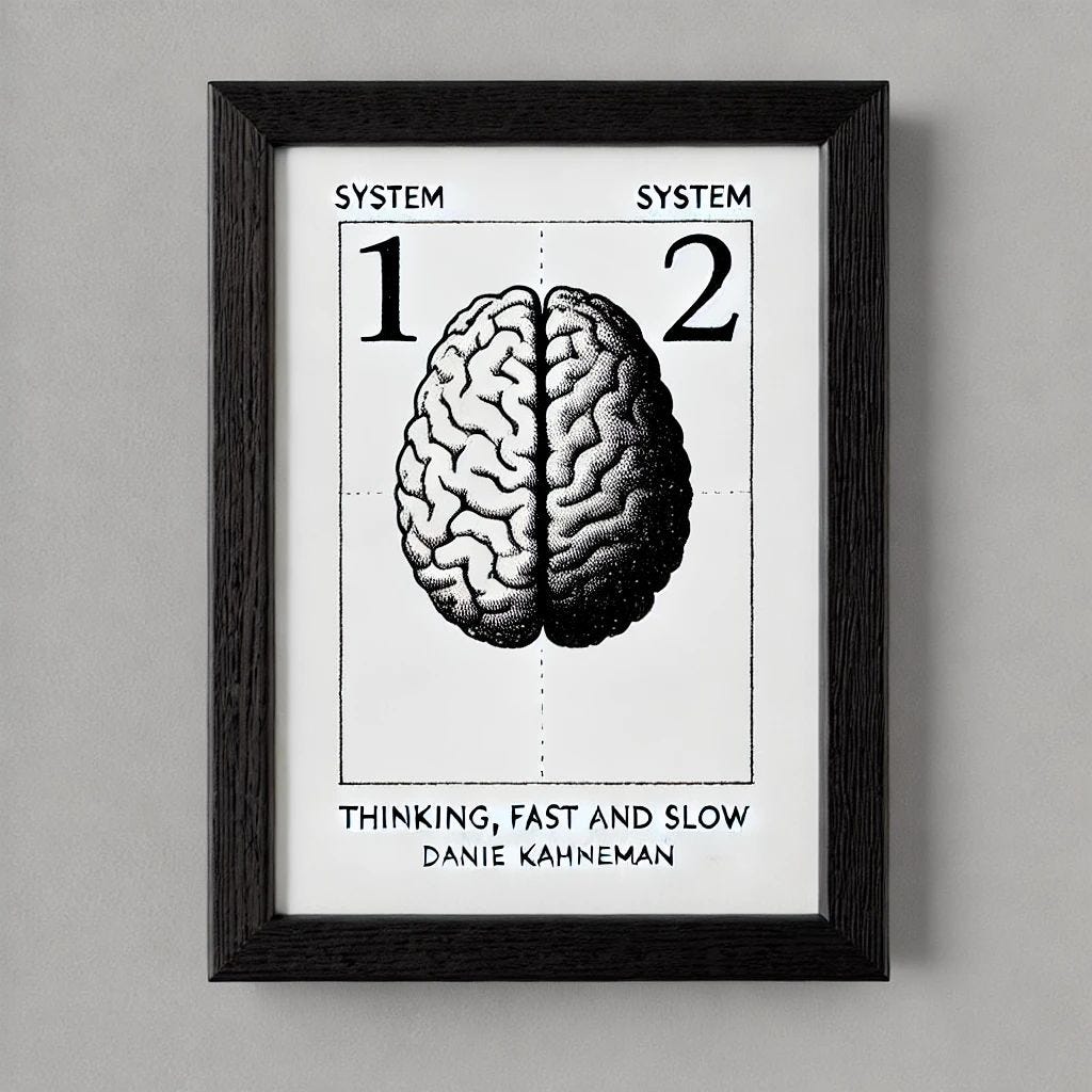 Imagem emoldurada com ilustração em preto e branco de um cérebro dividido entre Sistema 1 e Sistema 2, representando os dois modos de pensamento segundo o livro Thinking, Fast and Slow de Daniel Kahneman.