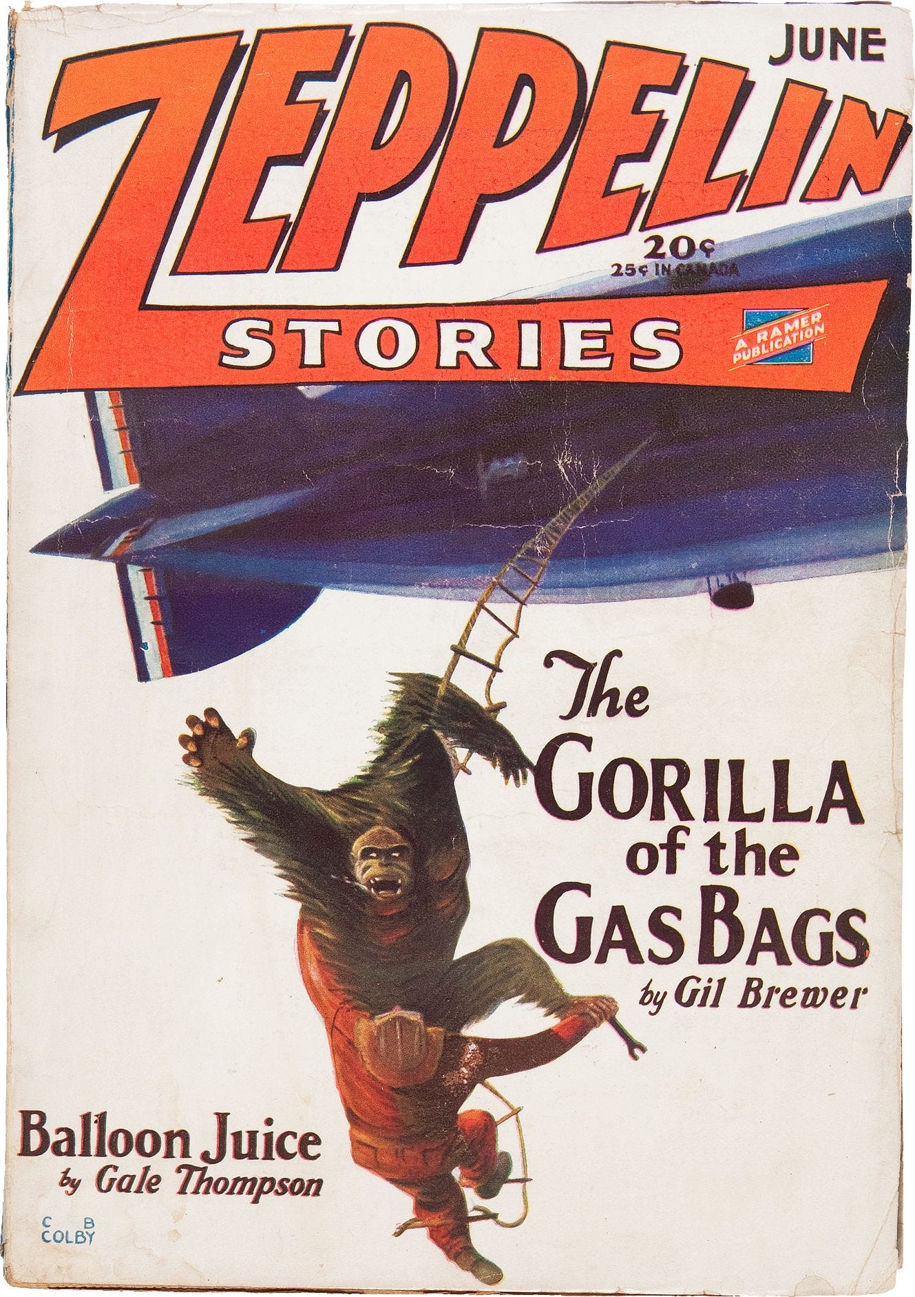 “A great mystery novelette of the great bags. Intrigue, murder, and thrills many feet in the air. A complete yarn packed with a wallop of [unreadable] and the [unreadable] of Bearon, U.S. Intelligence Officer. An unusual story with a kick finish.” - description of “Gorilla of the Gas Bags,” from Zeppelin Stories #3. The only extant page is a single low-resolution jpg on Livejournal, which includes the above summary.