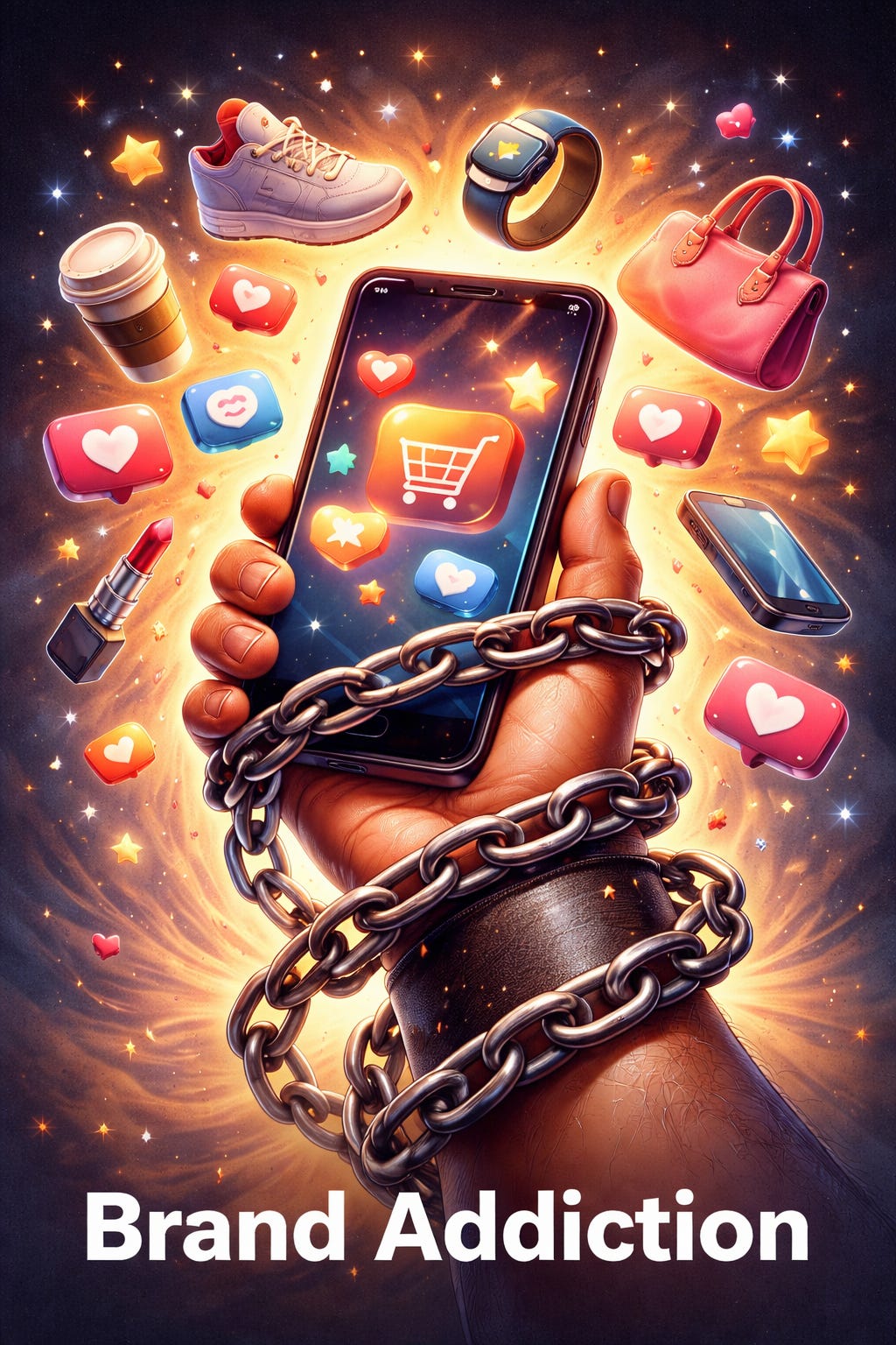 Illustration of a hand holding a glowing smartphone wrapped in chains, surrounded by consumer items and social icons, symbolizing brand addiction and emotional dependence on brands.