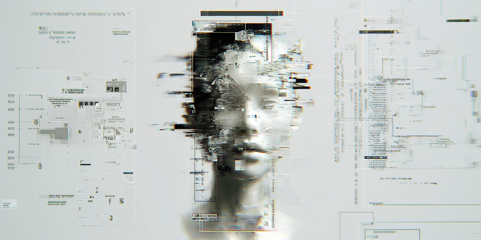 Abstract fragmented human face overlaid with interface elements and data structures, representing cognitive overload, attention fragmentation, and the use of AI as cognitive scaffolding.