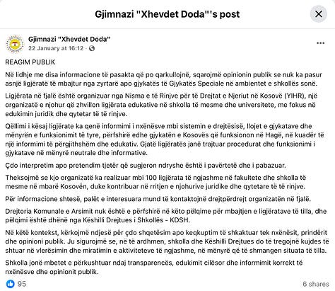 Reagime institucionale dhe të shoqërisë civile pas sulmeve ndaj një ligjërate edukative mbi Dhomat e Specializuara në gjimnazin “Xhevdet Doda”.