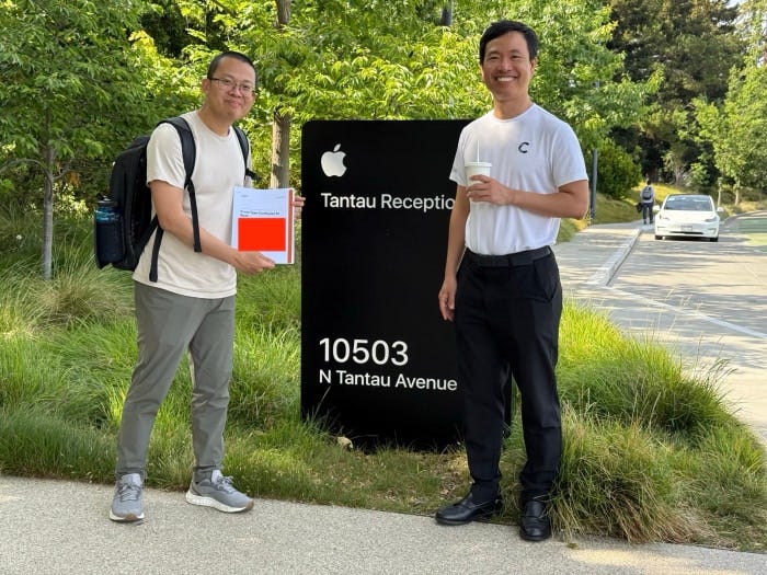 Bruce Dang (l) and Thai Duong at Apple's Cupertino headquarters.