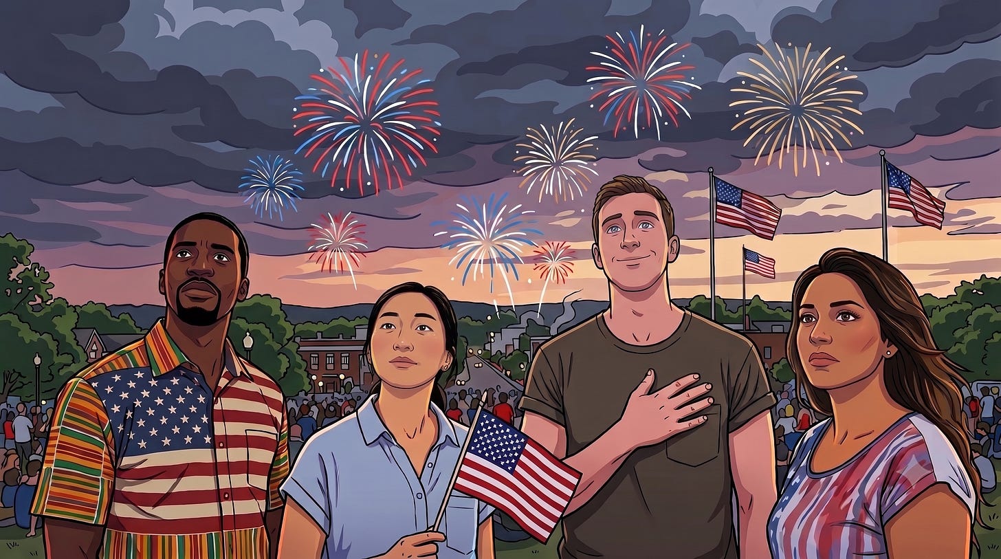 A stylized color illustration of a diverse group of four individuals standing under a cloudy evening sky watching a vibrant Fourth of July fireworks display. On the left, a Black man in a patterned short-sleeve shirt looks upward with a thoughtful, serious expression. Next to him, an East Asian woman holding a small American flag looks up with a neutral, contemplative face. In the center, a White man stands with his hand over his heart, wearing a slight, soft smile. On the right, a Latina woman looks toward the sky with a focused, serious demeanor. Two American flags fly on poles in the background. A stylized color illustration of a diverse group of four individuals standing under a cloudy evening sky watching a vibrant Fourth of July fireworks display. On the left, a Black man in a patterned short-sleeve shirt looks upward with a thoughtful, serious expression. Next to him, an East Asian woman holding a small American flag looks up with a neutral, contemplative face. In the center, a White man stands with his hand over his heart, wearing a slight, soft smile. On the right, a Latina woman looks toward the sky with a focused, serious demeanor. Two American flags fly on poles in the background.