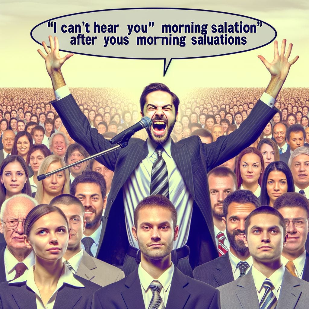 show me a cheesy motivational speaker who is trying to rally a crowd clearly indifferent by his talk by screaming "i can't hear you" after saying good morning to the crowd, thus further inciting their anger