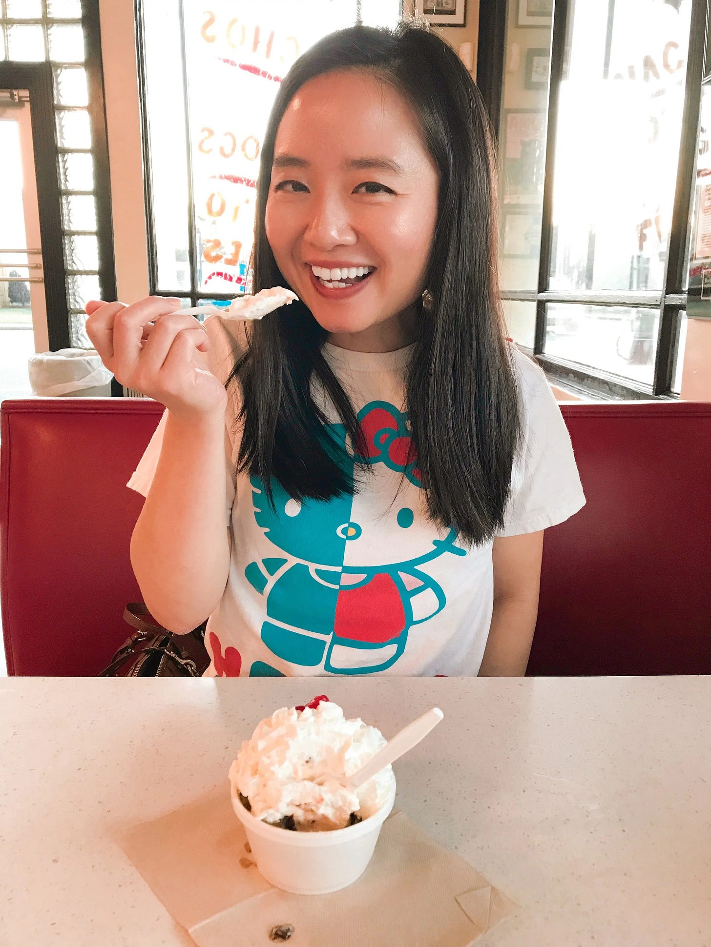  Me with my delicious ice cream sundae from Borden’s Ice Cream Shoppe in Lafayette, LA. A retro ice cream sundae shoppe that’s been around since 1940! 
